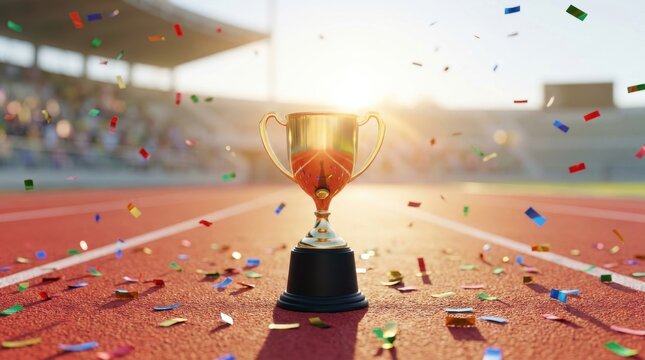 Gold trophy cup on running track with colorful confetti celebration