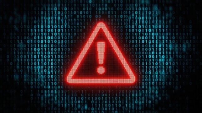 Glowing red warning triangle icon with binary code background for cybersecurity and system alert notifications