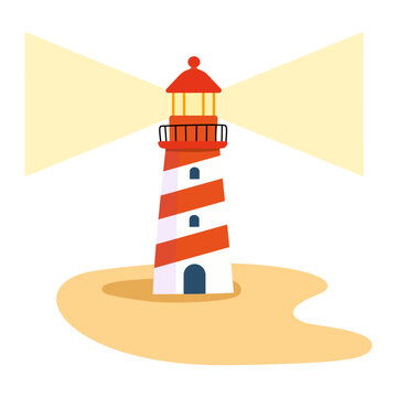 Lighthouse by the Sea with Beacon Light, Coastal Navigation Illustration
