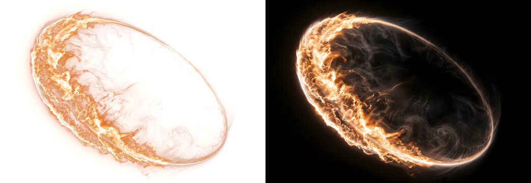 Fire ring with swirling orange flames and smoke wisps for VFX compositing and posters in PNG, Transparent and Black Background Versions