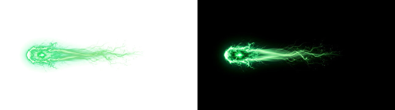Energy blast with a glowing green orb trailing electric lightning tendrils for game effects in PNG, Transparent and Black Background Versions