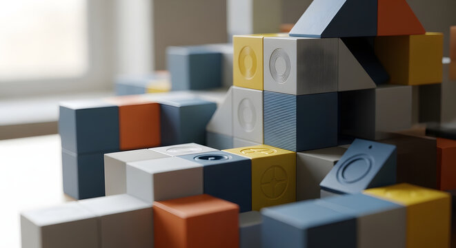 Modern modular building blocks in blue and orange create geometric toy structure.