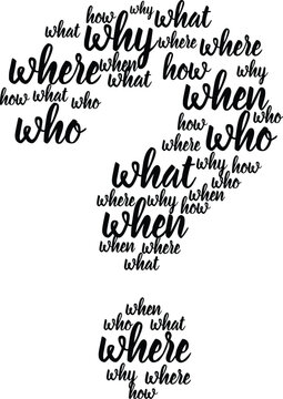 Typography question mark word cloud vector, black calligraphic question mark made of who what where when why how words, modern query concept illustration