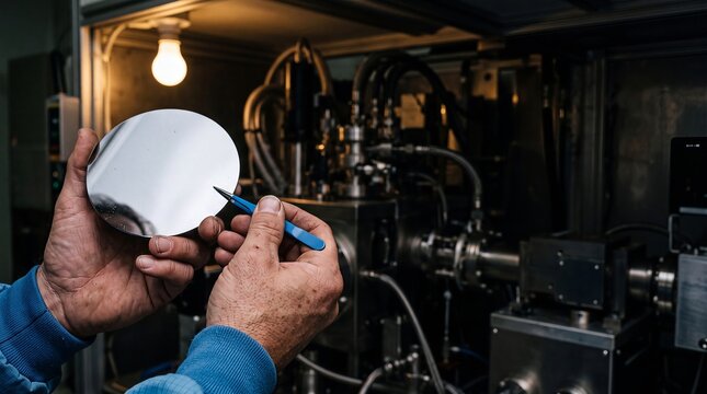 Technician hands holding silicon wafer extreme macro warm light
