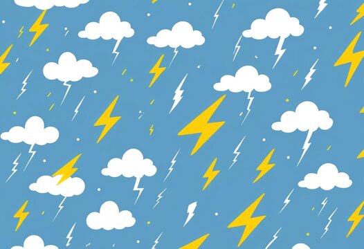 Bright blue seamless pattern with white clouds and yellow lightning bolts