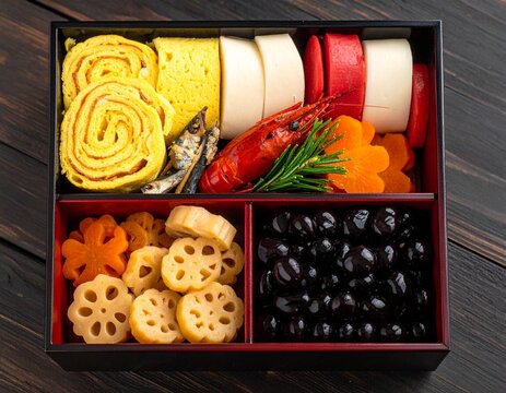 Top view of osechi ryori in a black and red lacquer jubako box with datemaki, kamaboko, shrimp, lotus root and black beans