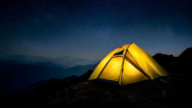 Bright yellow tent camping in the mountains under a dark starry night sky