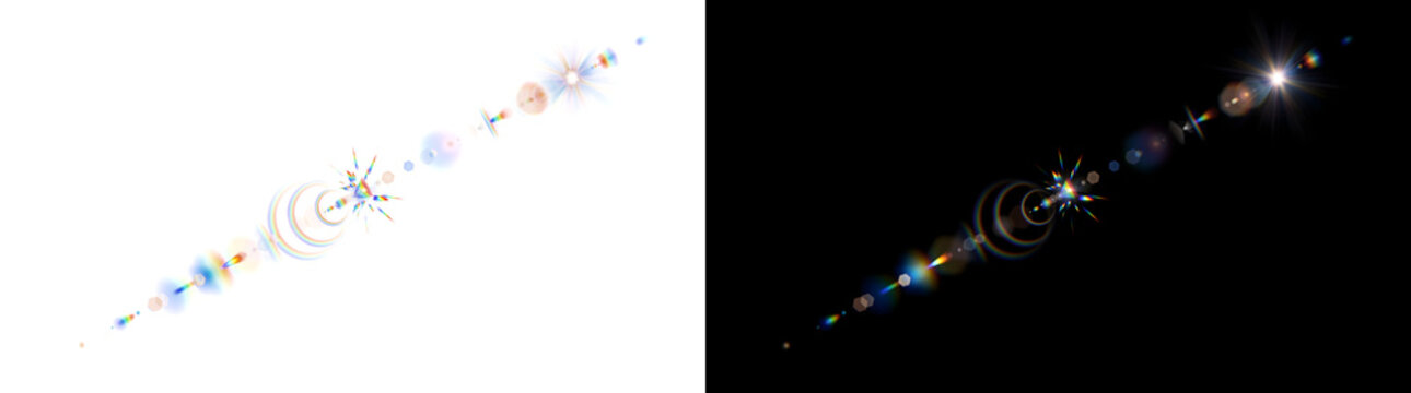 Lens flare with rainbow prism bokeh and a crystal star for creative overlays in PNG, Transparent and Black Background Versions