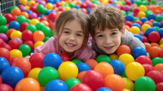 Playful Children in Ball Pit. Joyful kids enjoying colorful ball pit at indoor playground.