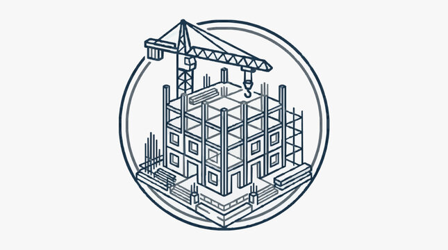 Corporate Logo Design Featuring Isometric Construction Crane and Multi Story Building in Minimalist Blue Gray Monochrome