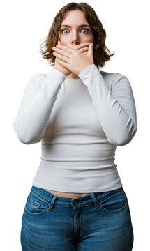 Woman casual covering mouth with hands, cover hand pressed to lips in shock after a mistake, secret revealed, shocked expression against white background