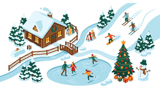 Winter landscape with people enjoying various activities, snow-covered setting.