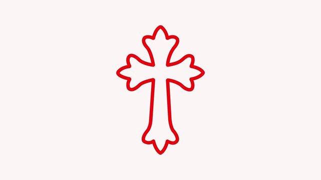 Red outline of a stylized Christian cross with rounded lobes on a pale pink background