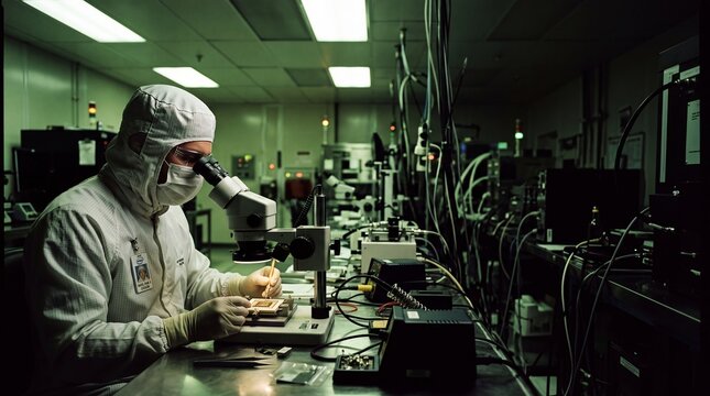 Semiconductor technician in bunny suit touching microchip at night