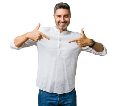 Man caucasian gray hair beard in casual clothes pointing finger; confident portrait, point of pride - happy and looking self proud in studio