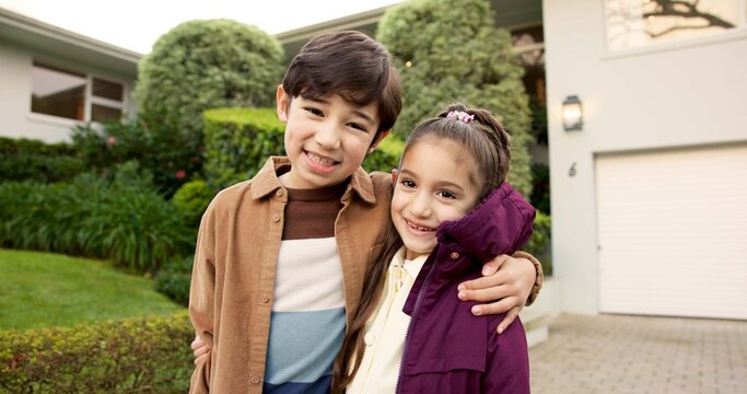 Children, portrait and home with hug for family weekend, bonding or outdoor holiday together. Boy, girl and siblings with smile, embrace or security on property for vacation, safety or protection