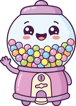 Kawaii gumball machine character standing upright with a large transparent candy chamber filled with bright multicolored gumballs
