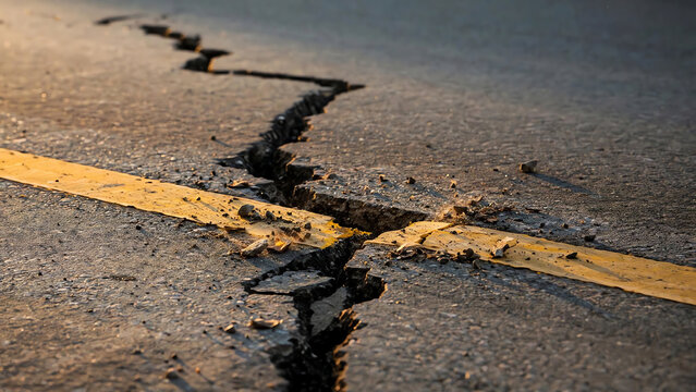 Close up of deep crack splitting asphalt road with broken yellow line and debris after earthquake, damaged asphalt texture with dramatic sunset lighting, road damage concept