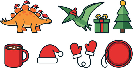 Cute Christmas Dinosaur Vector Character Set with Stegosaurus, Pterodactyl in Santa Hat, Hot Chocolate Mug, Mittens, Sled, and Winter Holiday Tree Designs © monoara