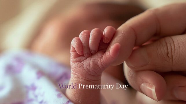 World Prematurity Day - Newborn's Tiny Finger Held by Adult Hand, Symbol of Hope and Care