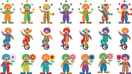 Fototapeta premium Cute Circus Clown Character Vector Icon Set Featuring Funny Juggling Unicycle Riding and Flower Holding Poses for Kids Birthday and Entertainment Designs