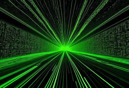 Abstract Green Digital Tunnel with Binary Code Flow - Futuristic Technology Background
