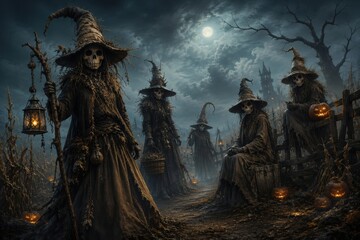 Fototapeta premium Moonlit haunted scarecrows guard eerie Halloween village path