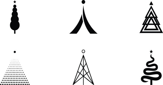 Minimalist Geometric Christmas Tree Icons Vector Set with Abstract Dot Matrix, Triangle Lines, and Modern Holiday Logos.