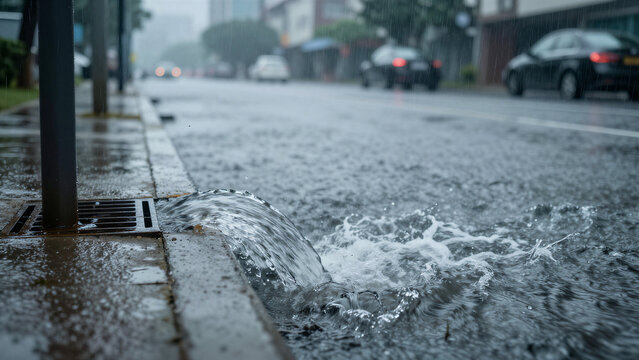 Heavy Rainfall Creating Water Accumulation on Urban Road, Copy space on the right