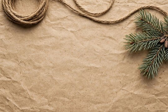 Brown paper background with rope and pine branch.