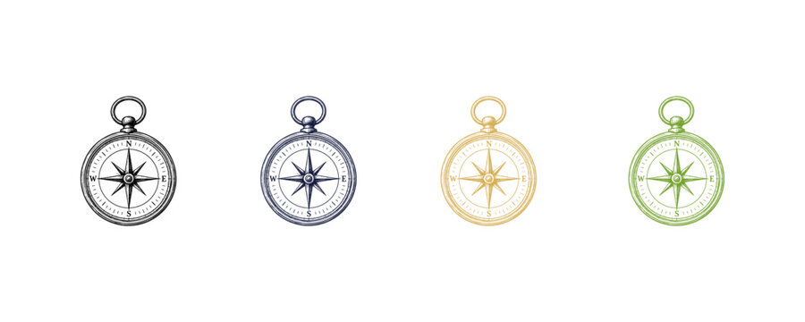 Four compasses in different colors and styles arranged horizontally.