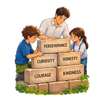 Teacher and students building blocks with virtues on transparent background