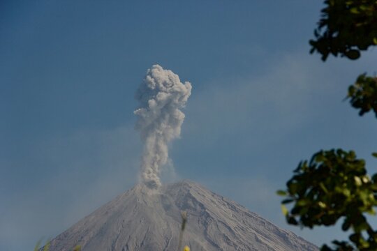 Semeru Volcano Eruption with Tall Ash Plume and Tropical Foliage