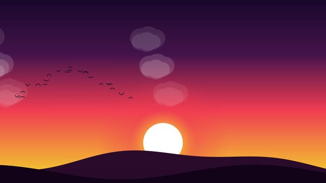 A smooth motion graphic of a minimalist sunset over rolling hills with stylized clouds and a flock of birds flying across the vibrant gradient sky.