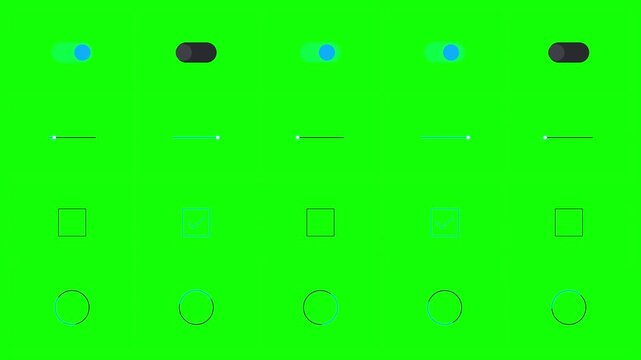 A collection of modern UI elements including toggle switches checkboxes sliders and loading spinners with clean minimalist design animations isolated on a green screen background.
