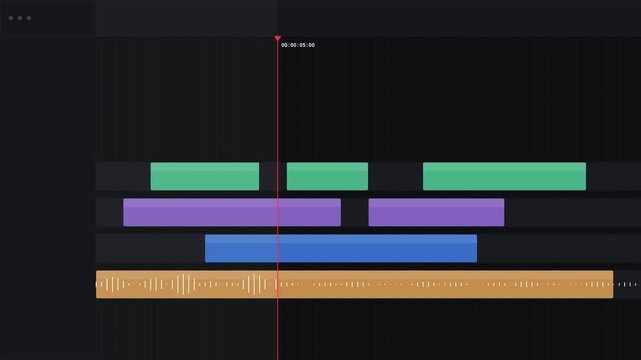 Professional audio editing software interface showing a multitrack timeline with colorful sound layers and a waveform display during a digital music production project.