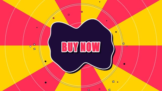 High-energy 4-beat stepped kinetic pop art 4K loop of a rubber stamp Buy Now impact slam with expanding concentric rings over a sunburst.