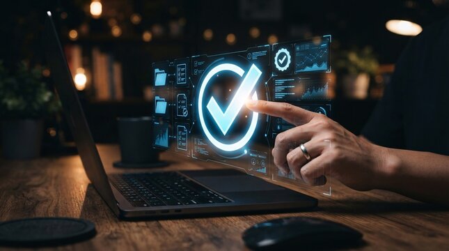 Professional pointing at a virtual holographic check mark symbol indicating successful compliance and digital approval.