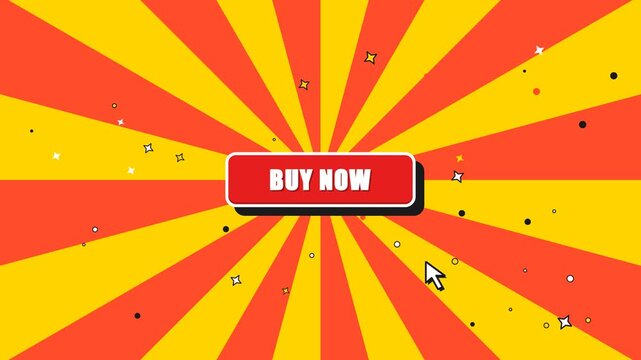 Vibrant retro pop art 4K loop of a bold Buy Now call to action button clicked by a classic cursor over a rotating yellow and orange sunburst.