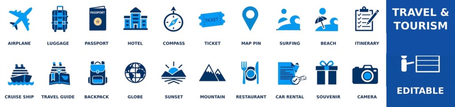 Travel and tourism blue icons set
