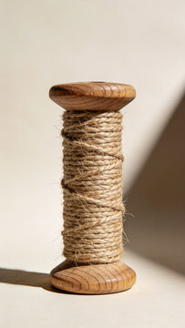 Jute twine on wooden bobbin isolated on white background