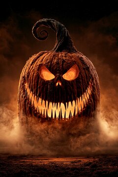 Giant carved gourd jack o lantern with glowing eyes and jagged grin under smoky Halloween sky night.