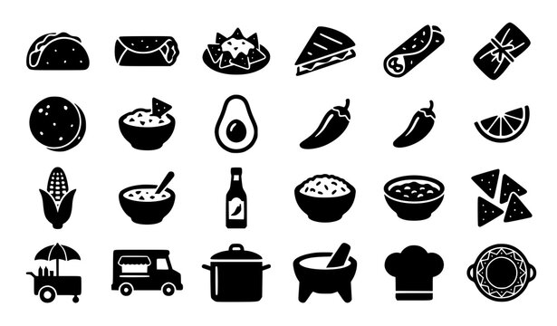 Mexican Food and Traditional Cuisine Solid Icons &ndash; Vector Collection