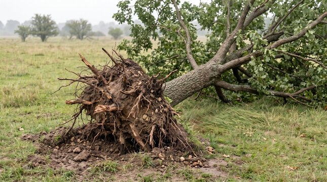 Uprooted mature tree lying on natural grass field after a severe windstorm