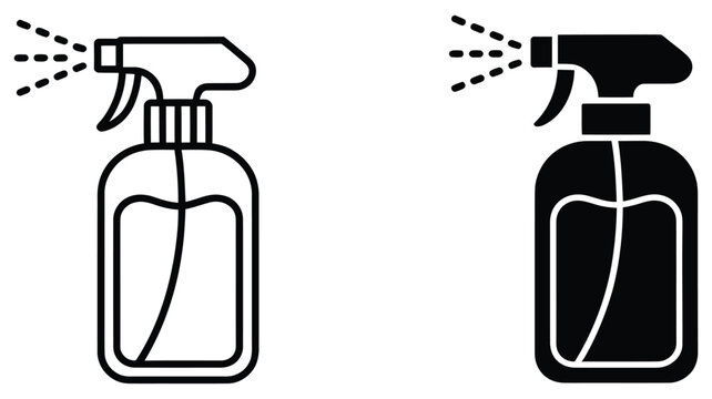 Spray bottle icon set featuring trigger sprayer container for cleaning product fluid mist sanitary service and garden plant care in outline and solid styles vector illustration isolated