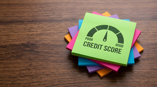 A staggered stack of colorful square sticky notes rests on a textured dark brown wooden surface, with a bright lime green memo pad on top displaying a black credit score gauge graphic and text