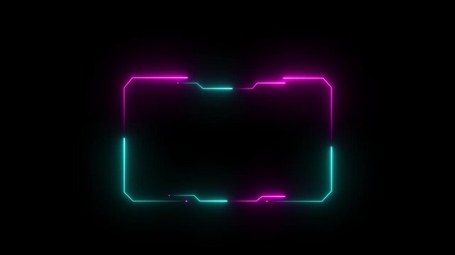 glowing neon Hud frames interface elements for futuristic sci-fi control panel and streaming webcam screen border on black background. Motion graphics of concept video