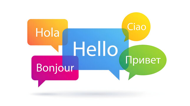 Colorful vector graphic design featuring overlapping speech bubbles with multilingual hello greetings in different languages on a clean solid white background representing global connection