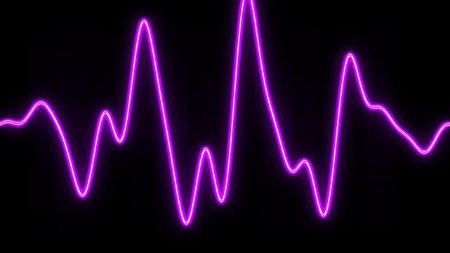 Neon purple audio sound wave moving in rhythm across black screen for digital interface technology.