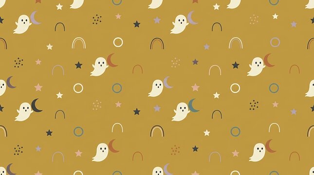 おばけと三日月のミニマルなハロウィンシームレスパターン